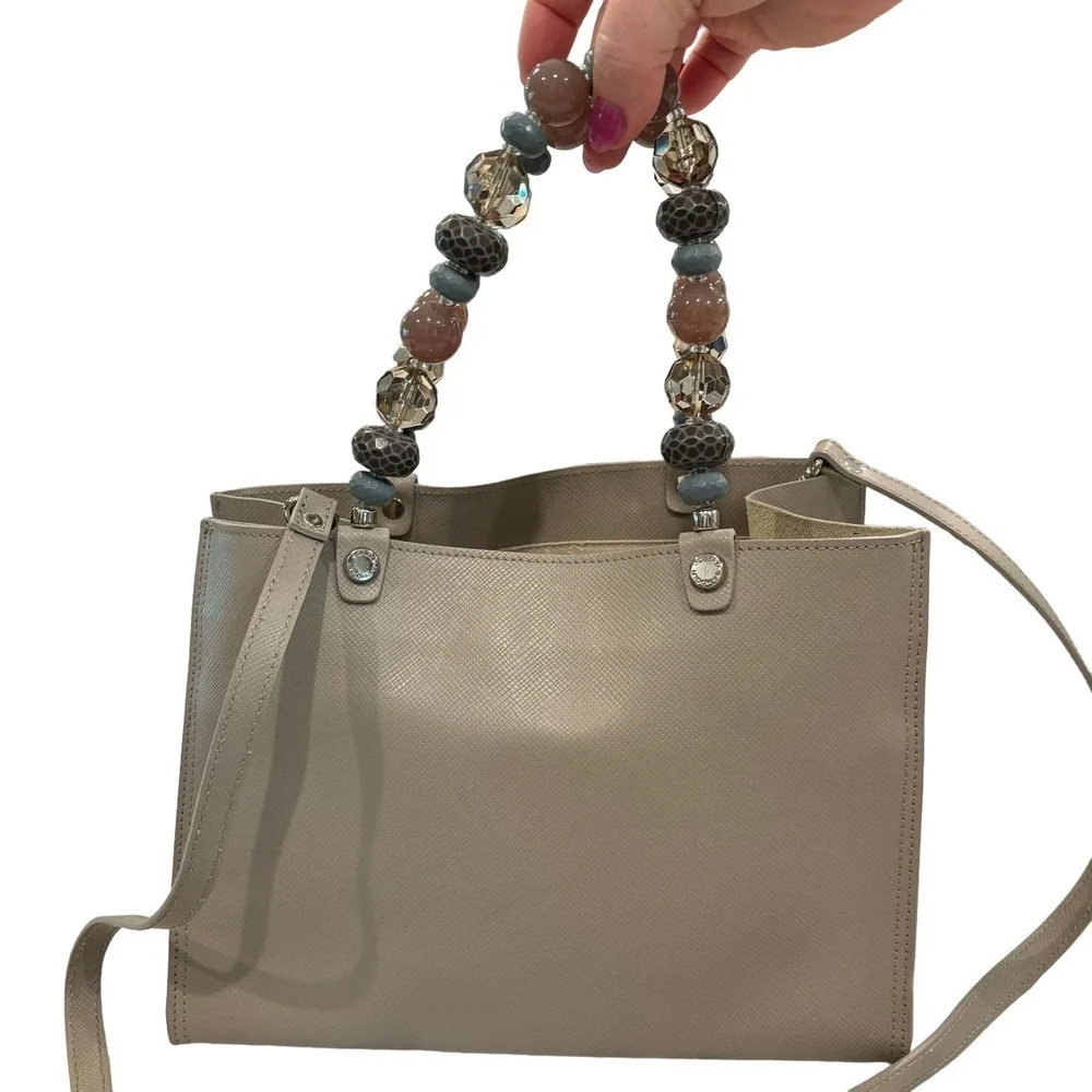 Roberta Gandolfi Taupe Leather Handbag with Beaded Handle